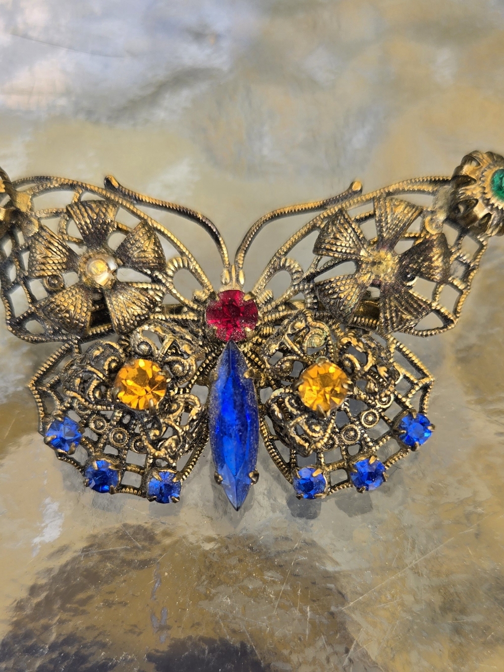 Vintage Gold Butterfly Brooch with Blue, Yellow & Pink Stones